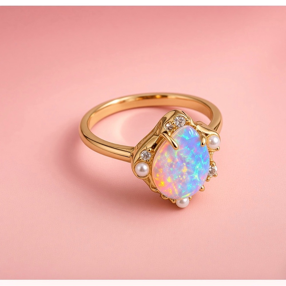 Gold Opal Cabochon Ring with Pearls and Crystals